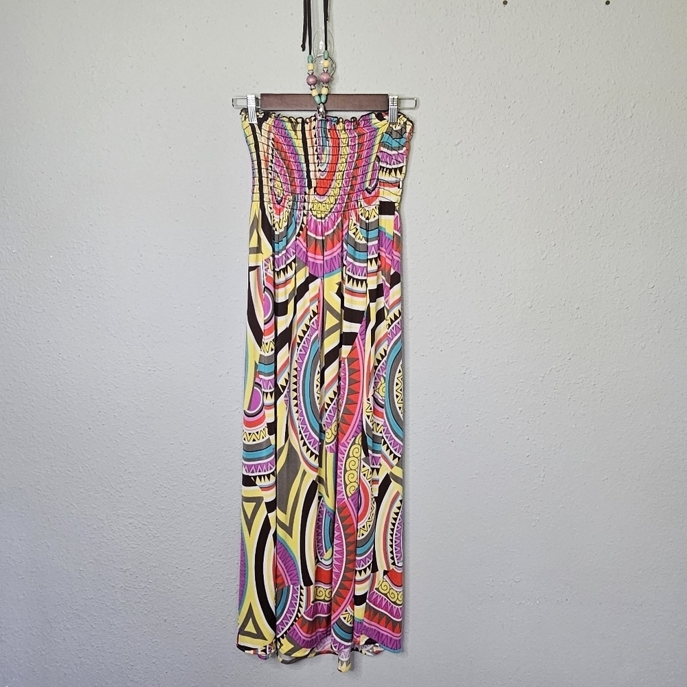 1.2.3‎ Vibrant Multicolor Smocked Midi Dress Attached Beaded Necklace S Small